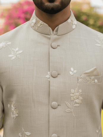 Beige Linen Bandhgala with Bundi