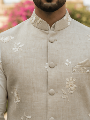 Beige Linen Bandhgala with Bundi