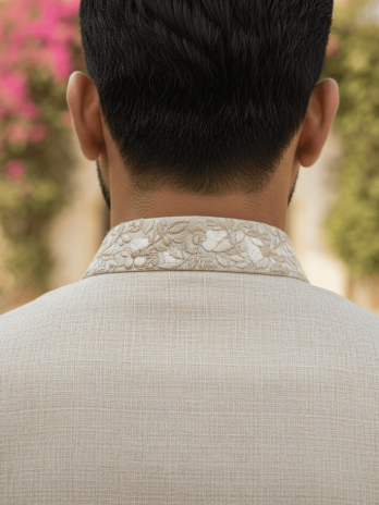 Beige Linen Bandhgala with Bundi