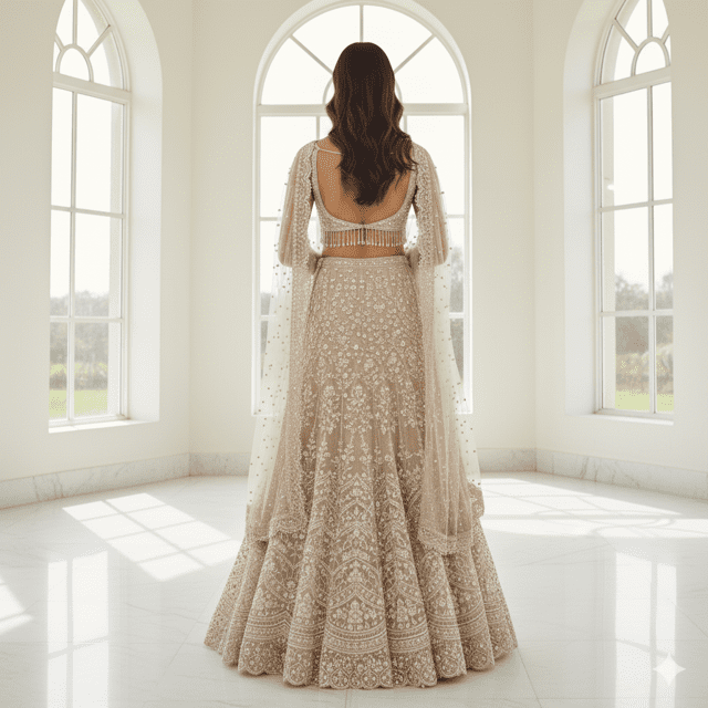 Beige Organza Fish-Cut Bridal Lehenga - Image 4