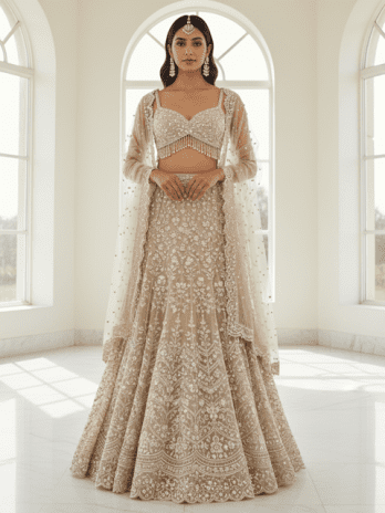 Beige Organza Fish-Cut Bridal Lehenga