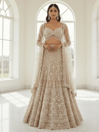 Beige Organza Fish-Cut Bridal Lehenga