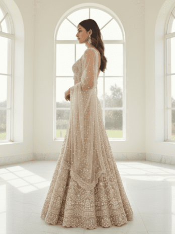 Beige Organza Fish-Cut Bridal Lehenga