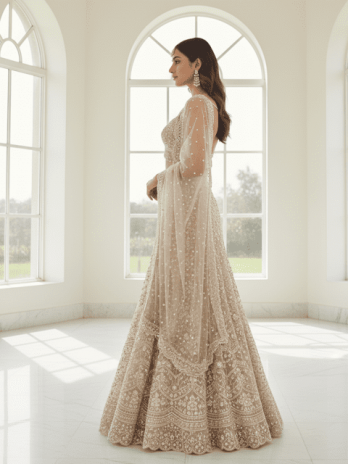 Beige Organza Fish-Cut Bridal Lehenga