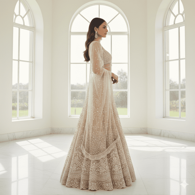 Beige Organza Fish-Cut Bridal Lehenga - Image 3