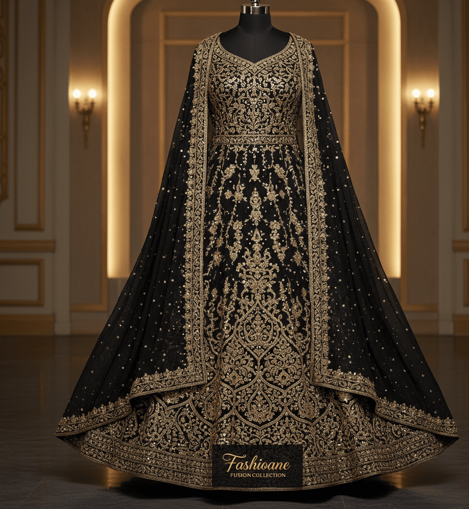 Black Embroidered Indo-Western Gown - Image 3
