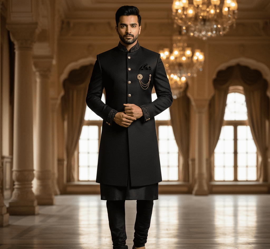 Black Silk Achkan Sherwani Set - Image 4
