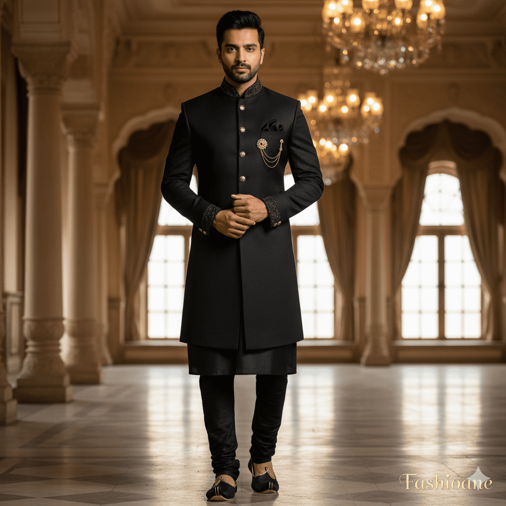 Black Silk Achkan Sherwani Set - Image 4
