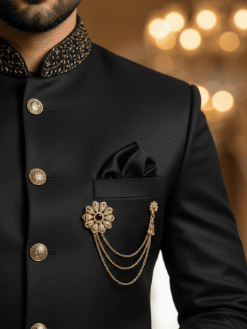 Black Silk Achkan Sherwani Set