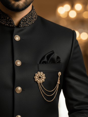 Black Silk Achkan Sherwani Set
