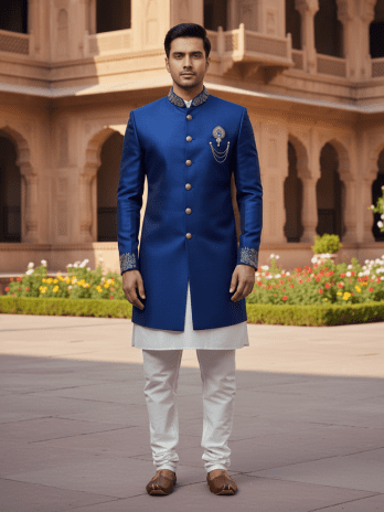 Blue Silk Achkan Sherwani Set