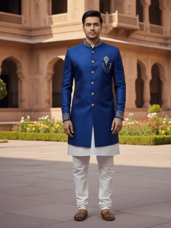 Blue Silk Achkan Sherwani Set