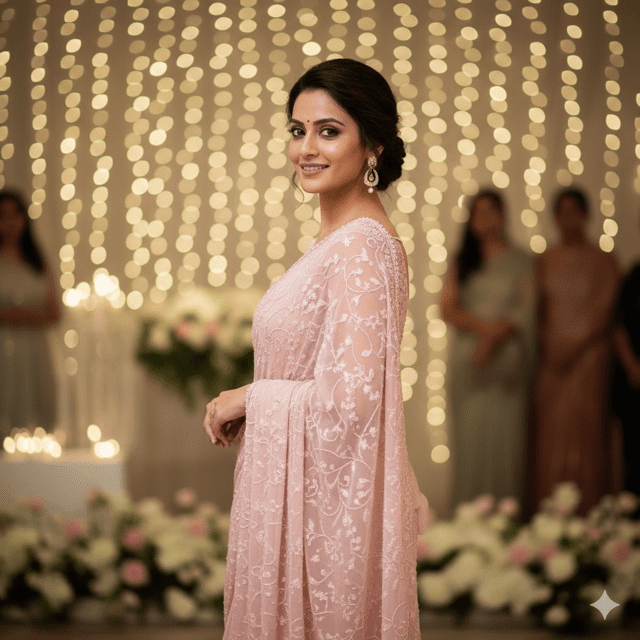 Blush Pink Chiffon Embroidered Saree - Image 2