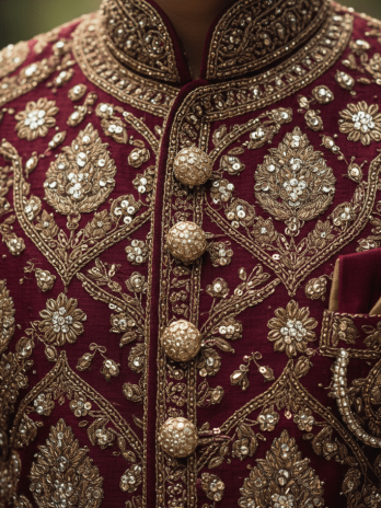 Burgundy Brocade Embellished Sherwani