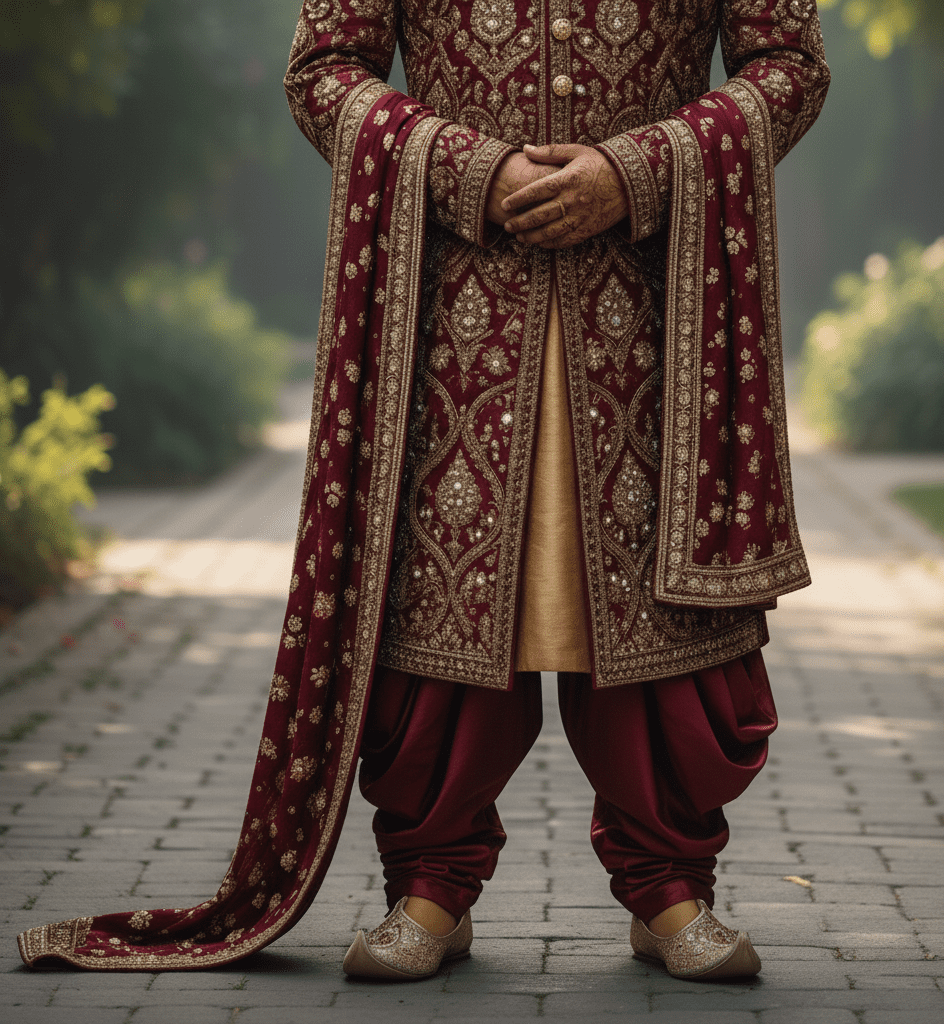 Burgundy Brocade Embellished Sherwani - Image 4
