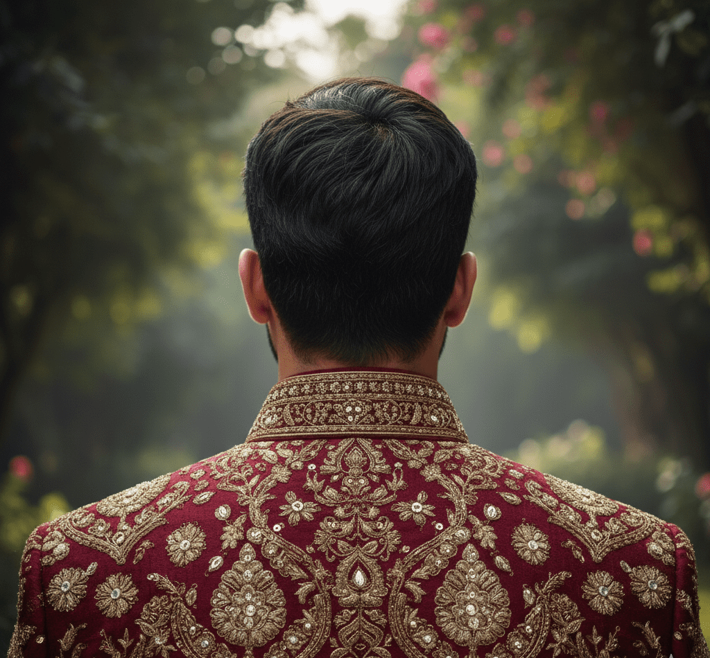 Burgundy Brocade Embellished Sherwani - Image 3