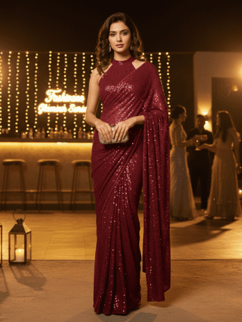Burgundy Georgette Sequin Guest Saree