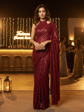Burgundy Georgette Sequin Guest Saree