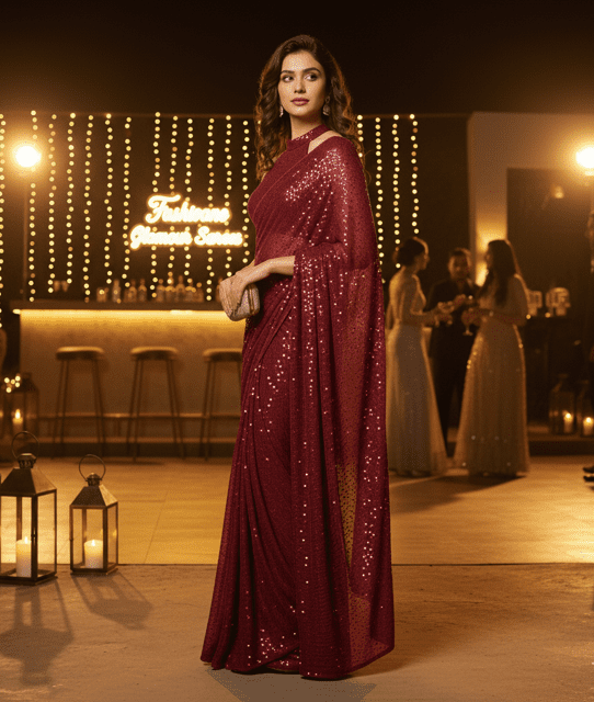 Burgundy Georgette Sequin Guest Saree - Image 2