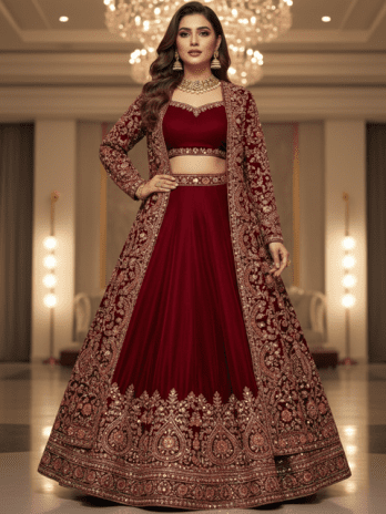 Burgundy Velvet Jacket-Lehenga Set