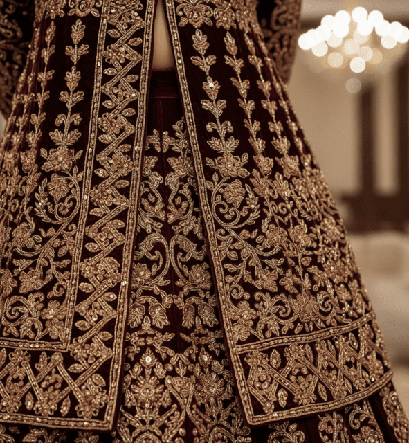 Burgundy Velvet Jacket-Lehenga Set - Image 5