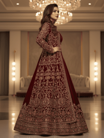 Burgundy Velvet Jacket-Lehenga Set