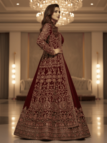 Burgundy Velvet Jacket-Lehenga Set