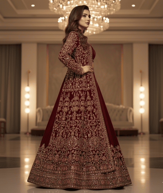 Burgundy Velvet Jacket-Lehenga Set - Image 2