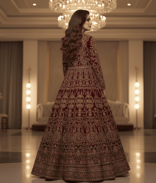 Burgundy Velvet Jacket-Lehenga Set - Image 4