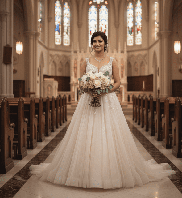 Champagne Tulle A-Line Wedding Gown