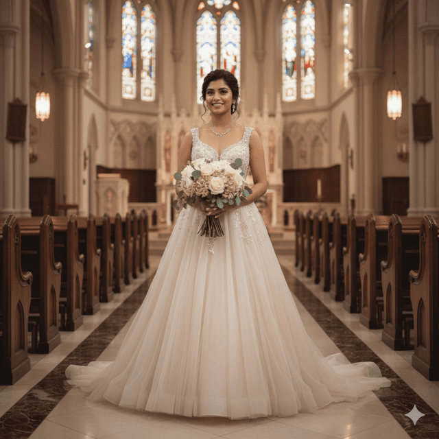 Champagne Tulle A-Line Wedding Gown