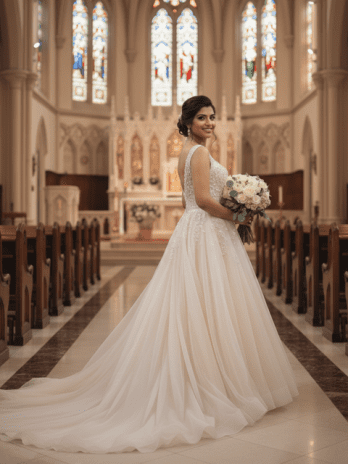 Champagne Tulle A-Line Wedding Gown