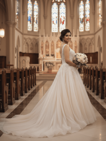 Champagne Tulle A-Line Wedding Gown