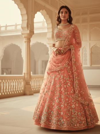 Coral Peach Organza Guest Lehenga