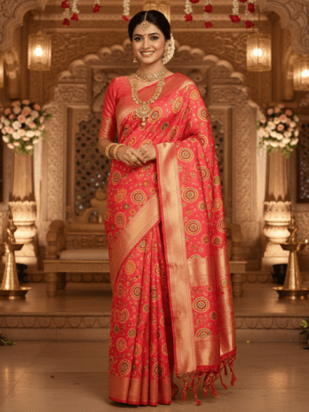 Coral Pink Bandhani Bridal Saree