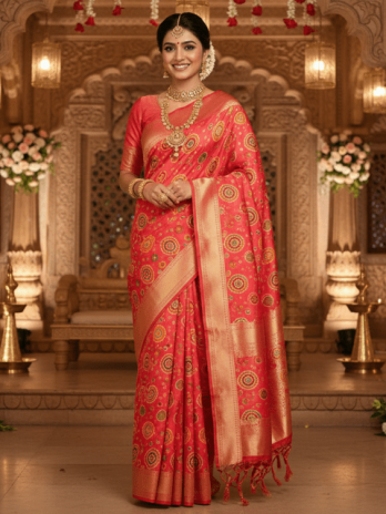 Coral Pink Bandhani Bridal Saree