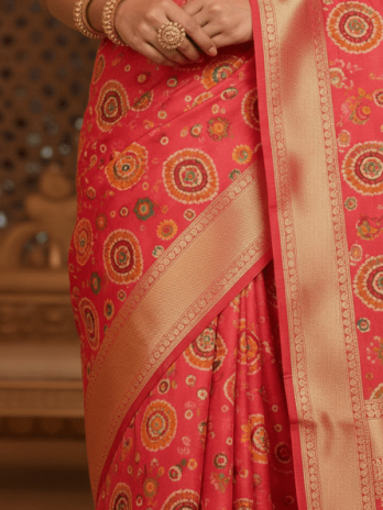 Coral Pink Bandhani Bridal Saree