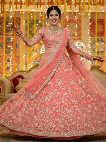 Coral Pink Floral Sangeet Lehenga