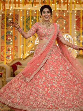 Coral Pink Floral Sangeet Lehenga