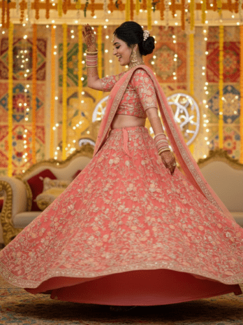 Coral Pink Floral Sangeet Lehenga