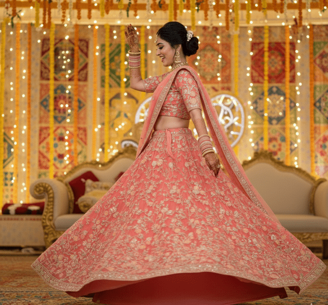 Coral Pink Floral Sangeet Lehenga - Image 2