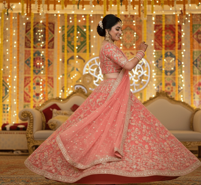 Coral Pink Floral Sangeet Lehenga - Image 3