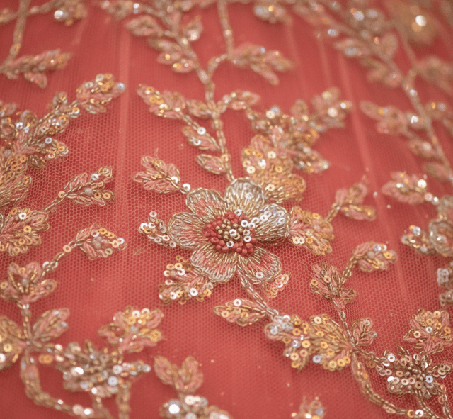 Coral Pink Floral Sangeet Lehenga - Image 4