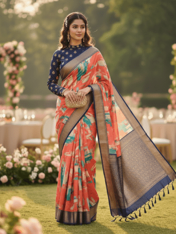 Coral Silk Printed Designer Saree