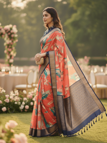 Coral Silk Printed Designer Saree
