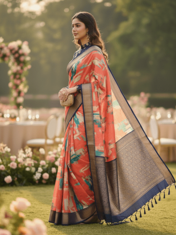 Coral Silk Printed Designer Saree