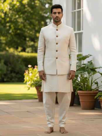 Cream Linen Nehru Jacket Suit