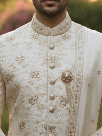 Cream Silk Floral Embroidered Sherwani