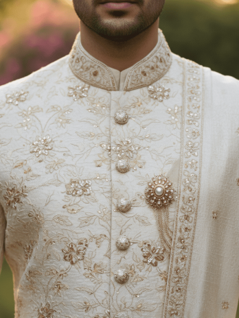 Cream Silk Floral Embroidered Sherwani
