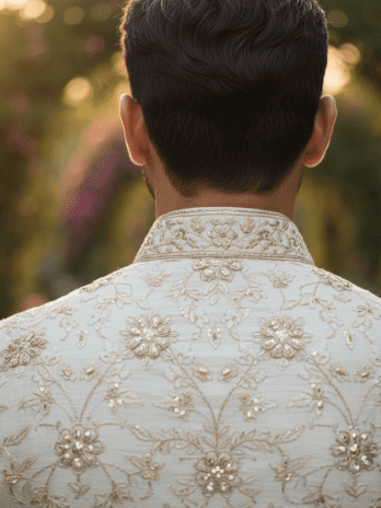 Cream Silk Floral Embroidered Sherwani